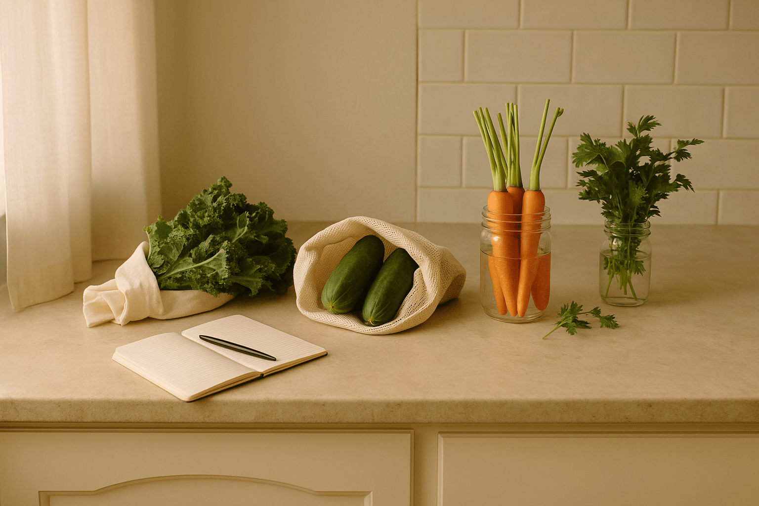 Fresh produce neatly arranged on a softly lit kitchen counter: leafy greens wrapped in a cloth, cucumbers in a mesh bag, carrots standing in a jar of water, and herbs in a small jar, all bathed in warm natural morning light.