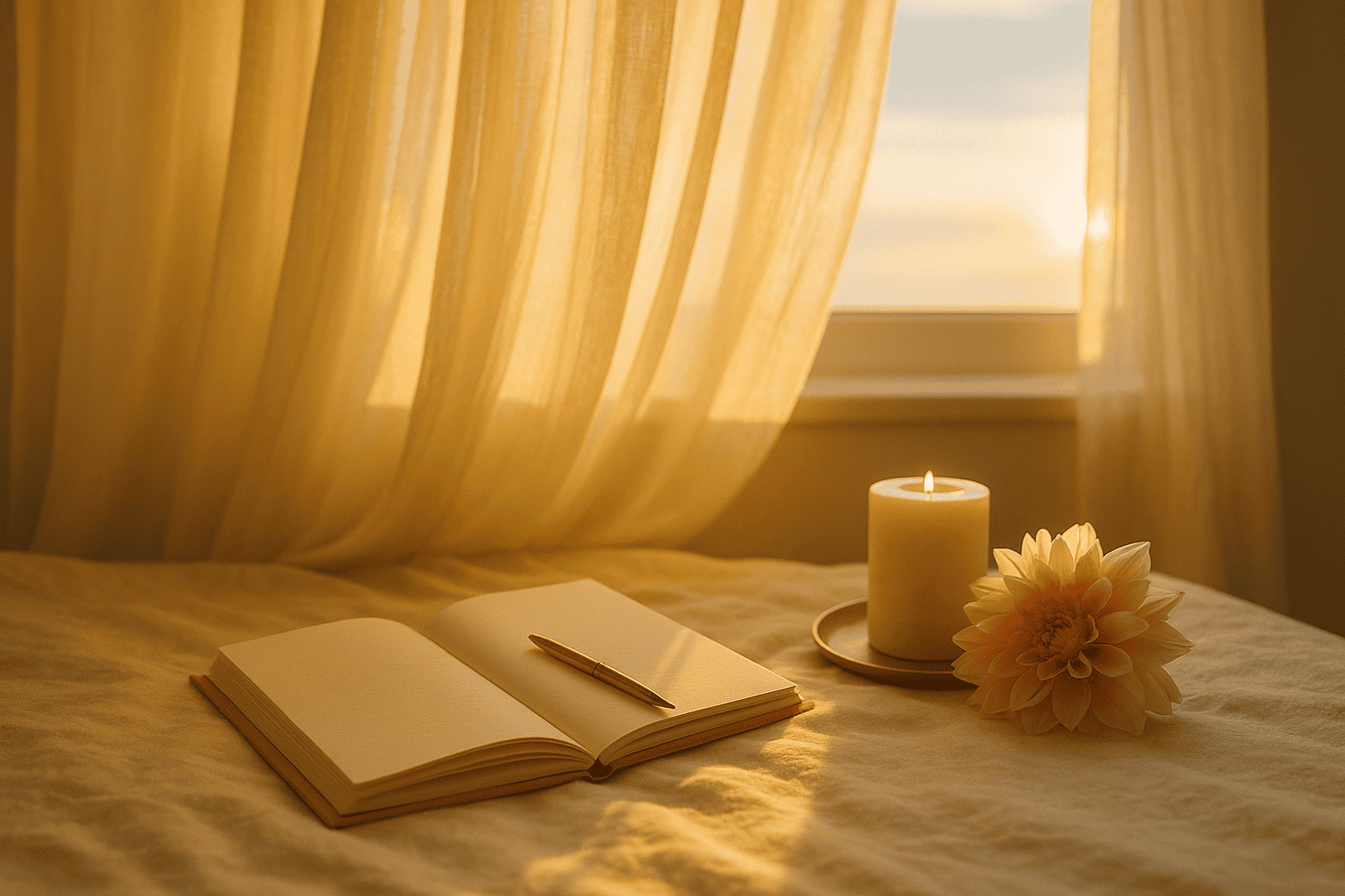 A sunlit bed with sheer curtains, featuring an open journal, gold pen, lit candle, and soft blush dahlia — a sacred scene of reflection and receiving.