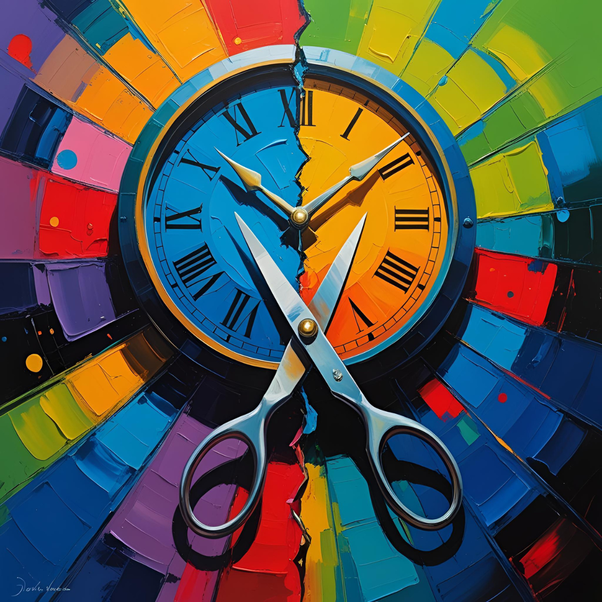 Colorful abstract painting of a clock split in half by scissors, symbolizing cutting time in half.