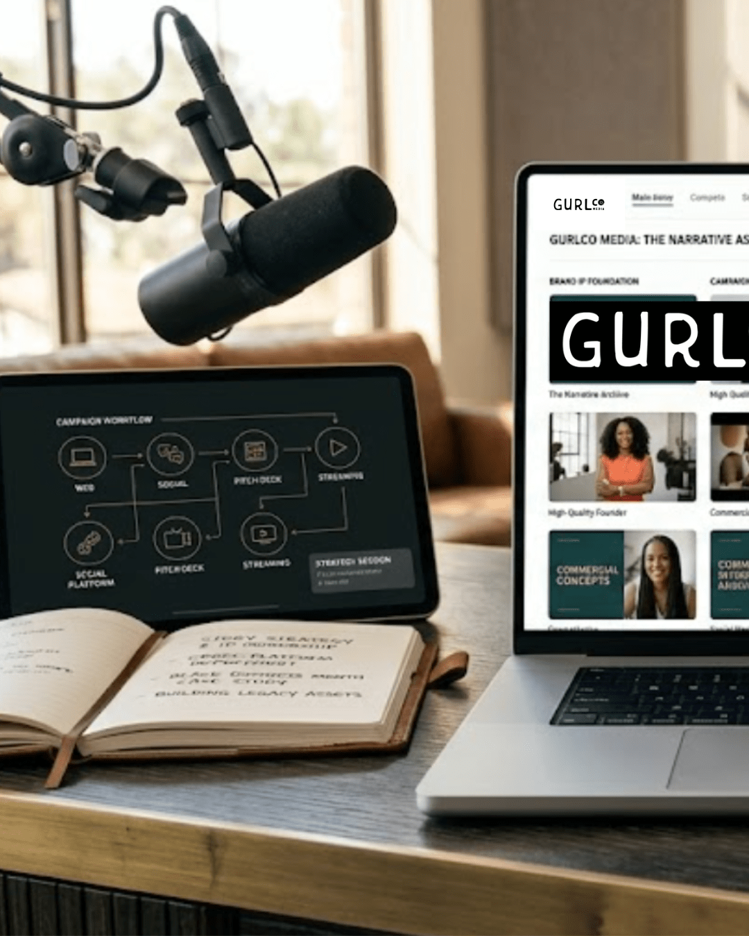 GurlCo Media digital asset dashboard displaying brand documentary frames and cross-platform video marketing strategy files on a studio desk