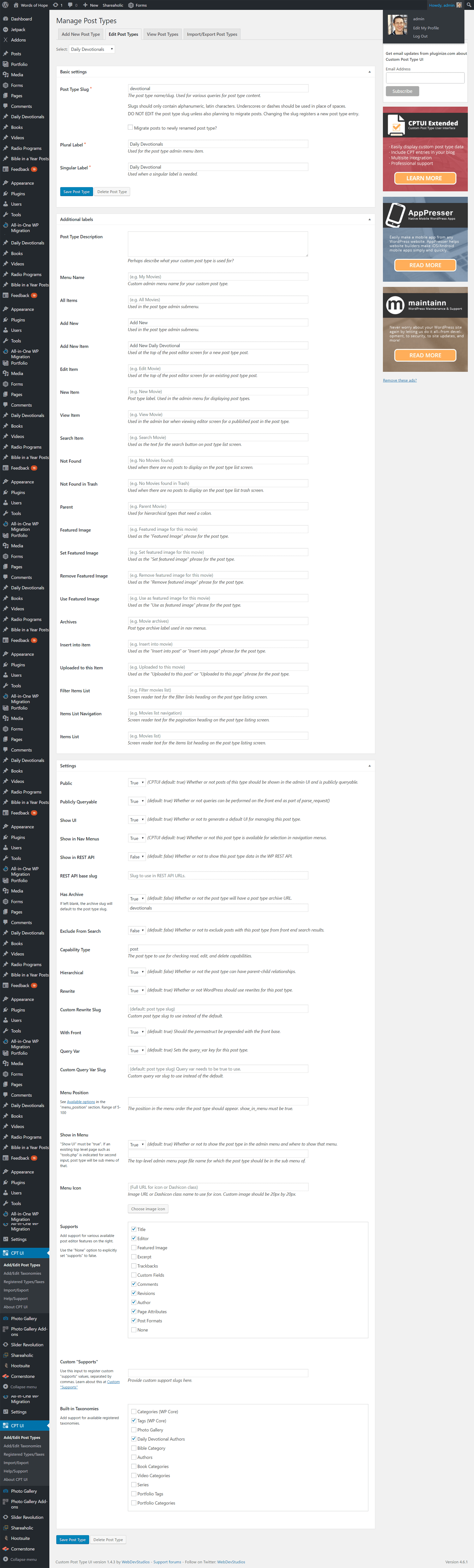 Screenshot of my CPT UI settings for the devotional post type