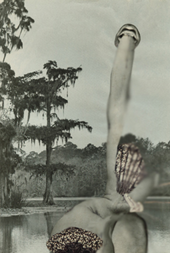 …y entonces, Carmen de Mérimée huyó a la selva. (...and then, Carmen of Mérimée fled to the jungle, 1999) · collage, ink, pencil and oil pastel