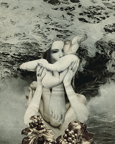 Afrodita se alimenta con champagne de niño (Aphrodite Is Nourished With Child's Champagne, 1999/2000) · collage, ink, pencil and oil pastel