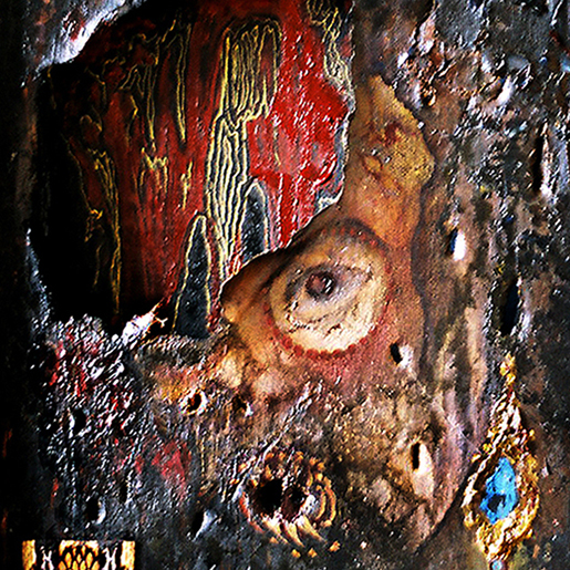[Detail of] Tragedia Celeste (Celestial Tragedy, 2003-2006) · Oil, fire and mixed media on canvas · 100 x 200 cm