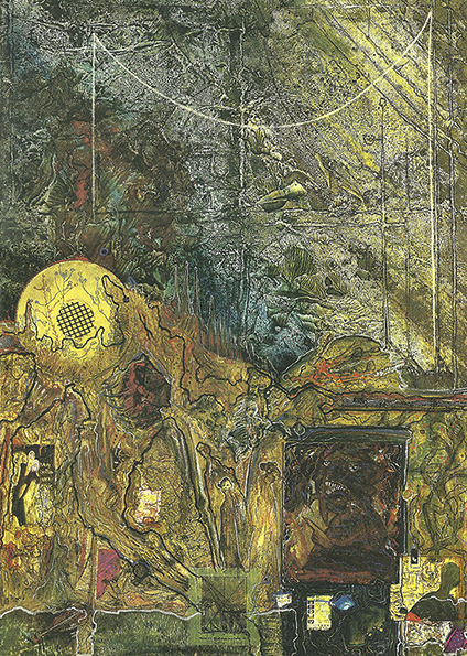 “Charif asesinado por sus fanáticas” (“Charif assassinated by his fan girls”, 2000). Oil, oil pastel, collage and assemblage on canvas. 170 x 120 cm. Inspired by “La Mort de Marat” or “Marat assassiné” (1793) by Jacques-Louis David.