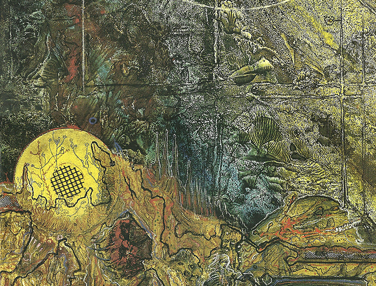 (Detail.) “Charif asesinado por sus fanáticas” (“Charif assassinated by his fan girls”, 2000). Oil, oil pastel, collage and assemblage on canvas. 170 x 120 cm. Inspired by “La Mort de Marat” or “Marat assassiné” (1793) by Jacques-Louis David.