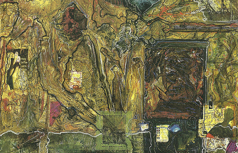 (Detail.) “Charif asesinado por sus fanáticas” (“Charif assassinated by his fan girls”, 2000). Oil, oil pastel, collage and assemblage on canvas. 170 x 120 cm. Inspired by “La Mort de Marat” or “Marat assassiné” (1793) by Jacques-Louis David.