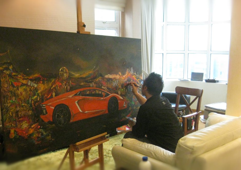 Painting even on holiday at home.