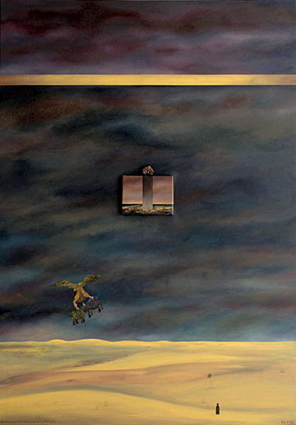 “El elefante muere por el rinoceronte que muere por el ave ruj -Noche 545-” (“The Elephant Die From the Rhinocero That Die From the Roc Bird -Night 545-”, 2004). Oil and assemblage on canvas. 200 x 140 cm.