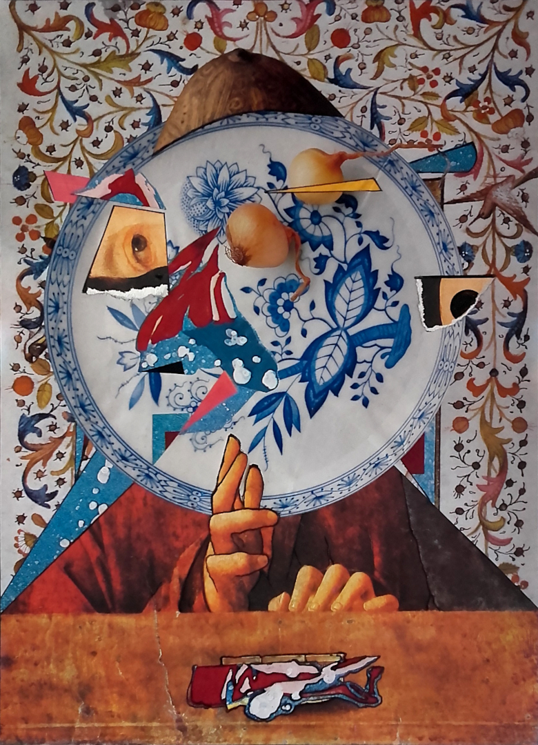 “El mesías de las cebollas” / “Messiah of the Onions” (2021). 28 cm x 20,2 cm. Collage, acrylic painting and ink.