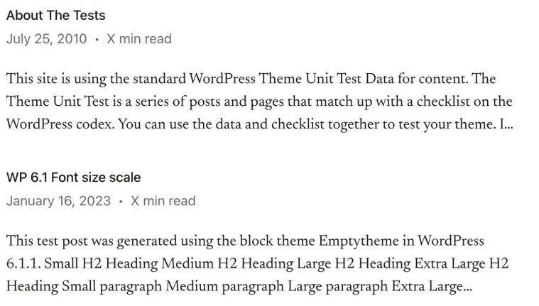 List of post with a read time block and a standardized excerpt block 
