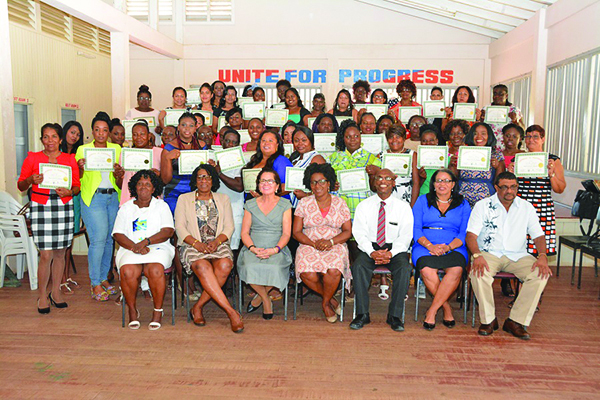 The 46 women who successfully completed the Self-Reliance and Success in Business Workshop at Kildonan, Region Six. Also in picture are Barbara Pilgrim; Lieutenant Colonel (ret’d) Yvonne Smith; First Lady Sandra Granger; Deputy Director of the University of Guyana, Berbice Campus Paulette Henry; and Region Six Chairman David Armogan