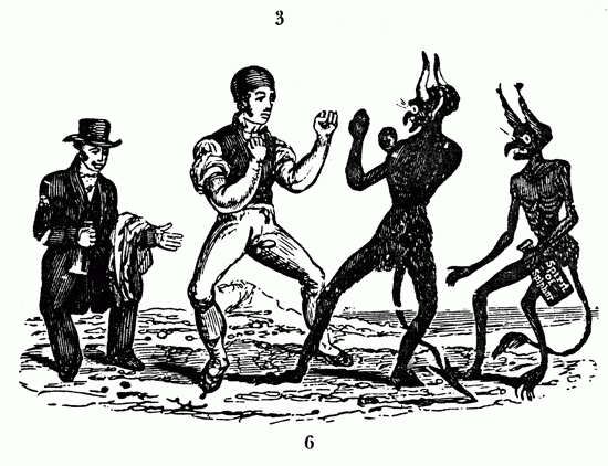 Woodcut of man boxing with the devil