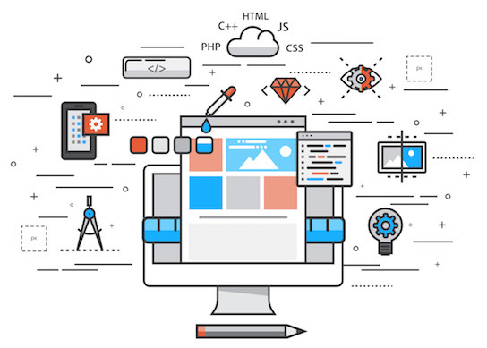 Thin line flat design of website building process. Modern vector illustration concept, isolated on white background.