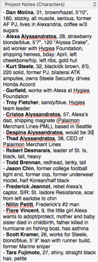 character list in project notes
