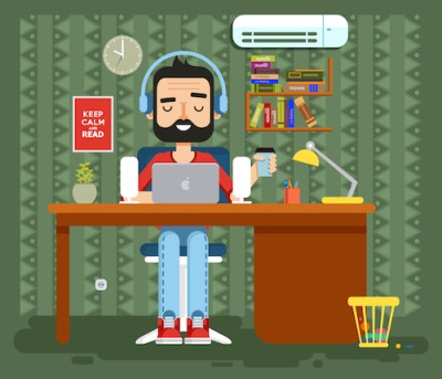 illustration of man at computer desk wearing headphones