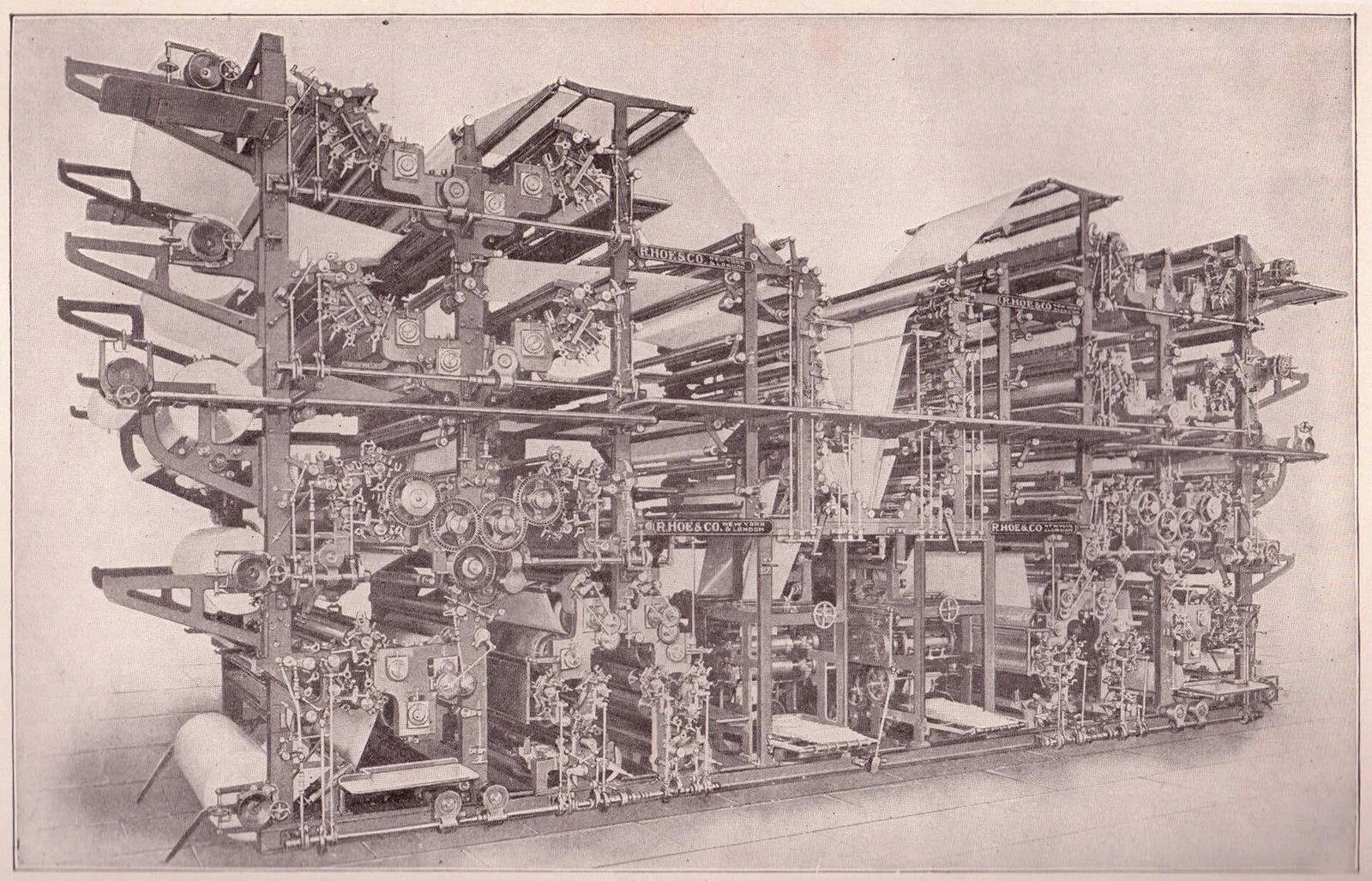 A double octuple newspaper web press, the industrial machinery behind the old daily newspaper (public domain, via Wikimedia Commons).