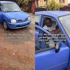 "Tinubu, nice one" woman writes as her dad abandons his bigger car and buys a micra due to hike in fuel price (video)