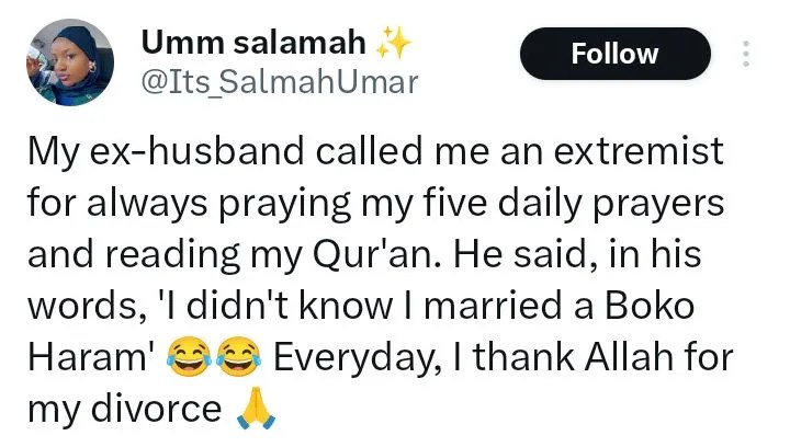 Nigerian Woman Divorce Story: “I Thank Allah for My Divorce,” Woman Says After Ex-Husband Called Her an Extremist for Praying Daily