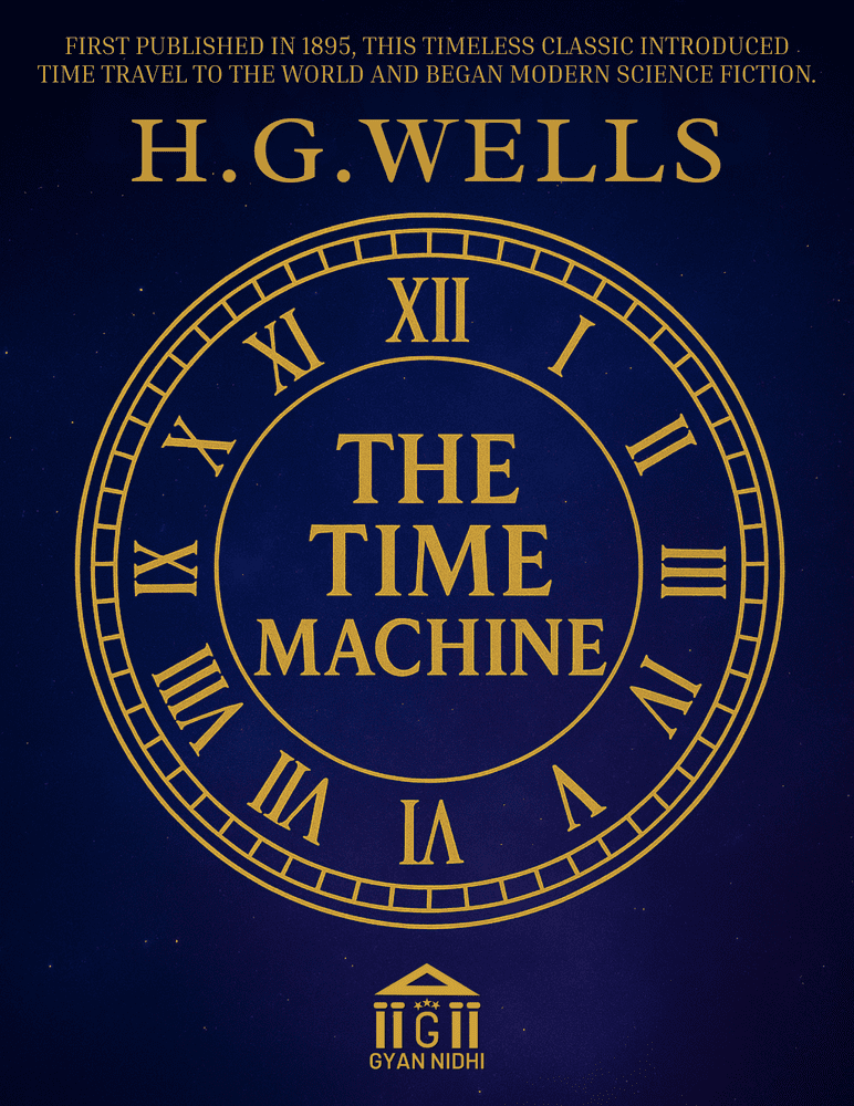 Book cover of The Time Machine by H.G. Wells with golden Roman numeral clock design on dark blue background.