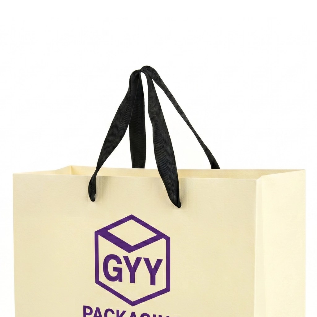 Cream paper shopping bag with black polyester handles and purple GYY PACKAGE logo