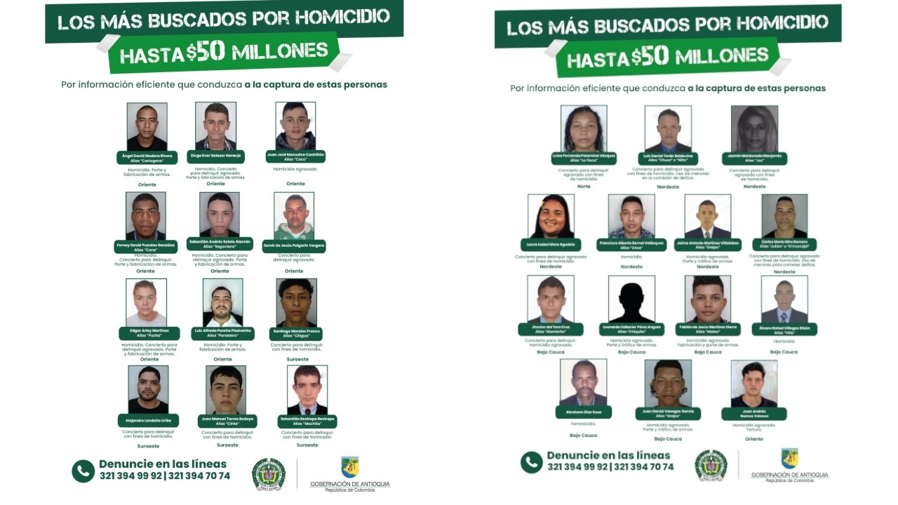 Divulgan cartel de los más buscados por homicidio en Antioquia: son 27 personas requeridas por la justicia