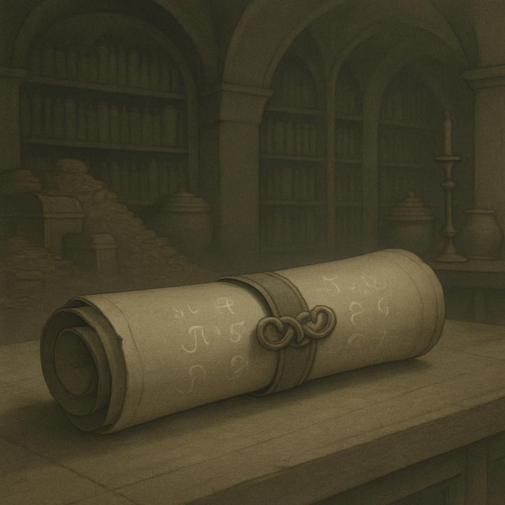 *A scroll with Latin-inspired characters in an ancient library, sepia tone for mystique*.