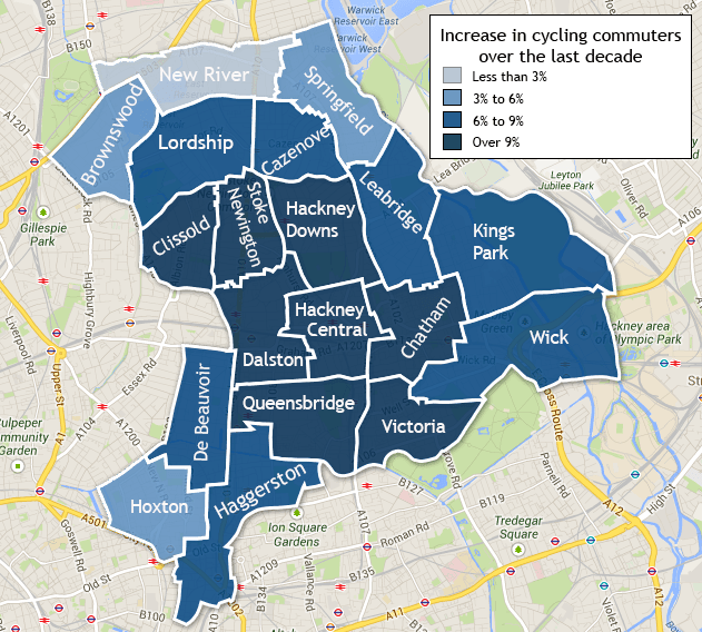 The change in cycling commuters over the last decade. Data Visualisation by Sophie Murray-Morris