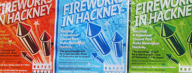 A poster advertising Hackney's fireworks display.