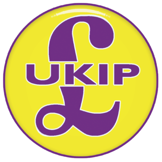 Logo for the populist right-wing party UKIP, showing a purple pound sign superimposed on a yellow circle, with "UKIP" written across the middle