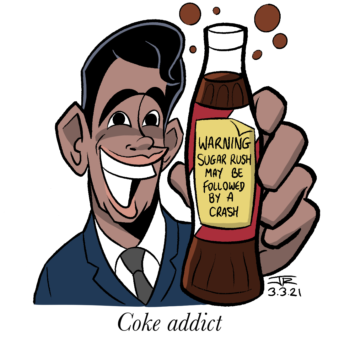 Rishi Sunak cartoon - holding a coke bottle about new budget proposal
