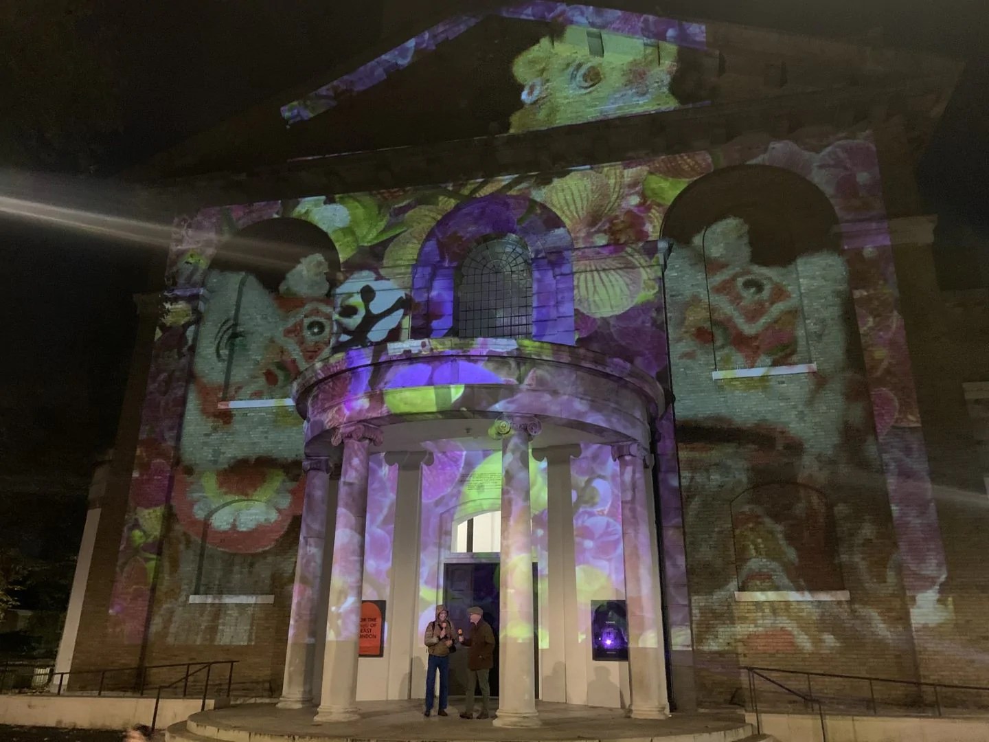 Light show projected onto Hackney Church.