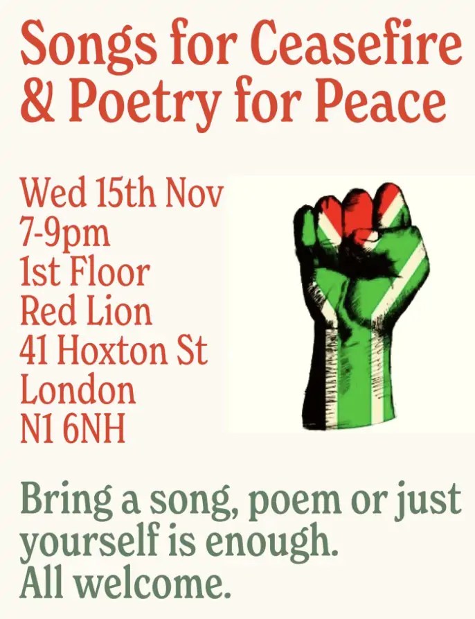 Poster for 'Songs For Ceasefire' showing a fist in the colours of the Palestinian flag.