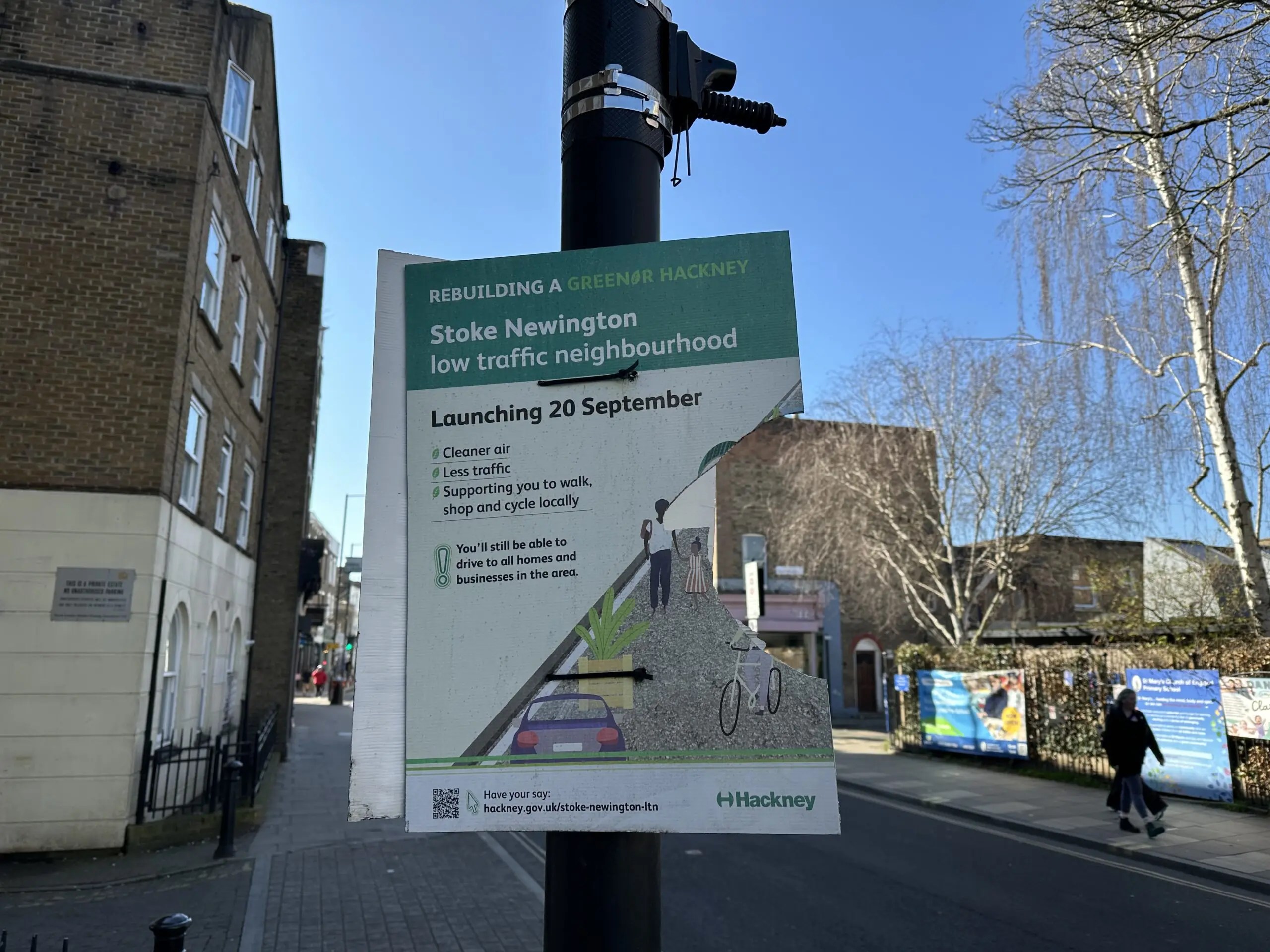 A sign on LTN's located on a Hackney street.