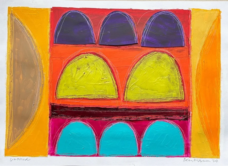 Brightly coloured painting with a number of shapes on it.