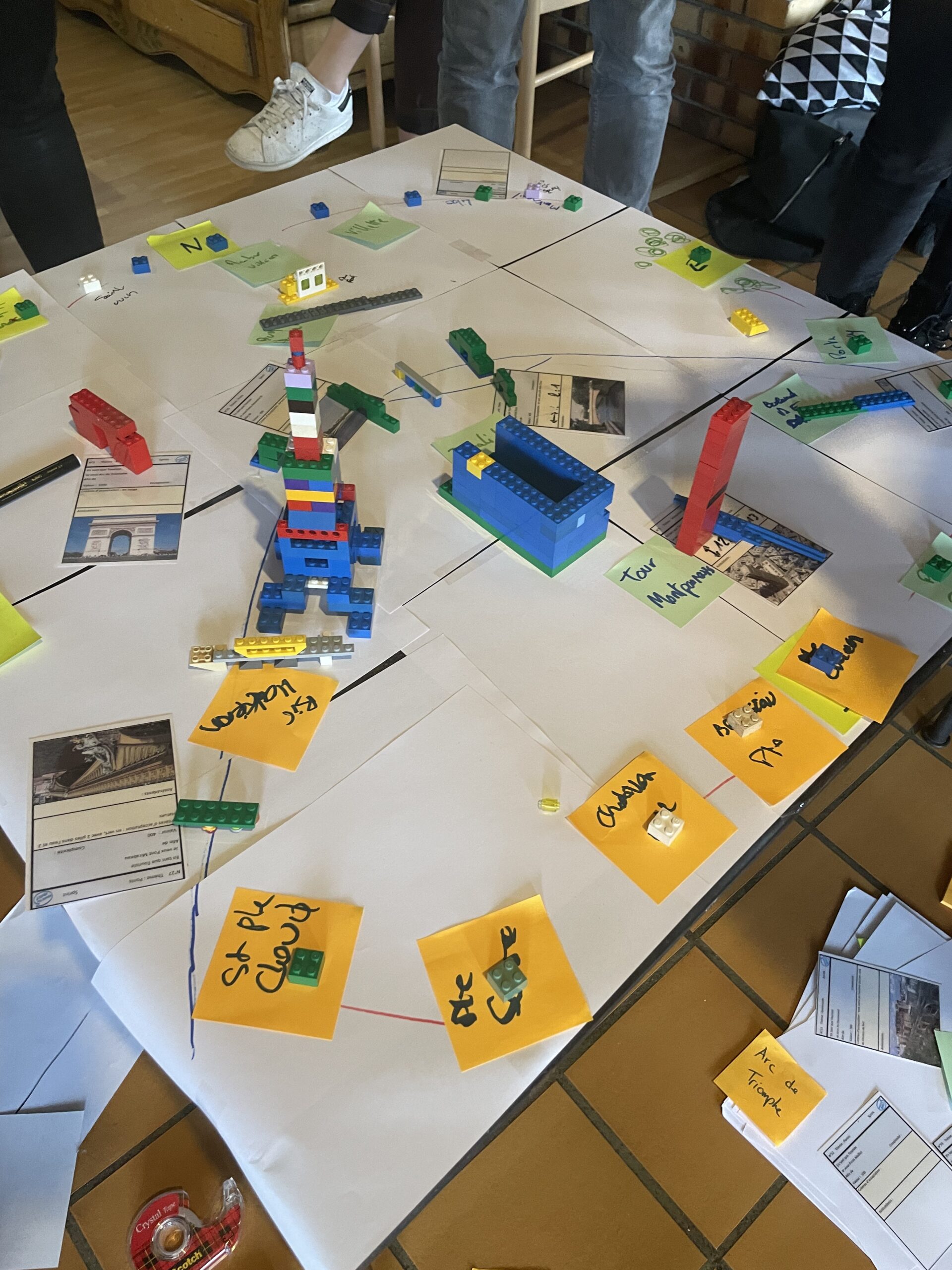 photo du résultat de l'atelier Lego4DevOps. Des cartes, des légo et des post-it sont sur une table