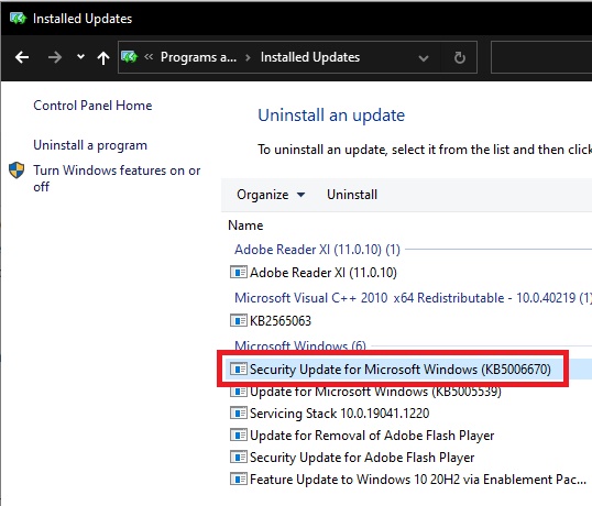 Uninstall Windows Update