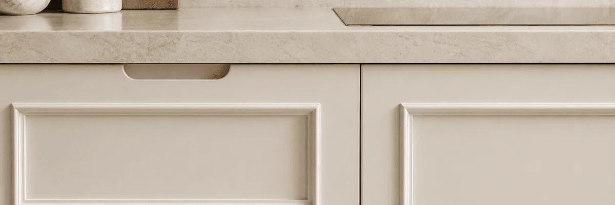Close-up of natural stone countertop and ivory cabinetry in a luxury kitchen