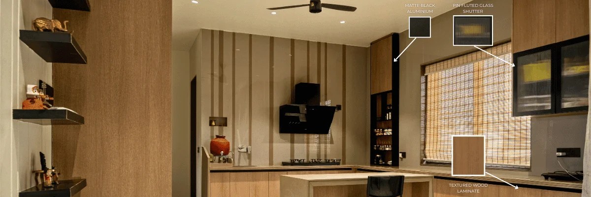 Premium kitchen material palette by Haeev featuring textured wood laminate, matte black aluminium and pin fluted glass shutter