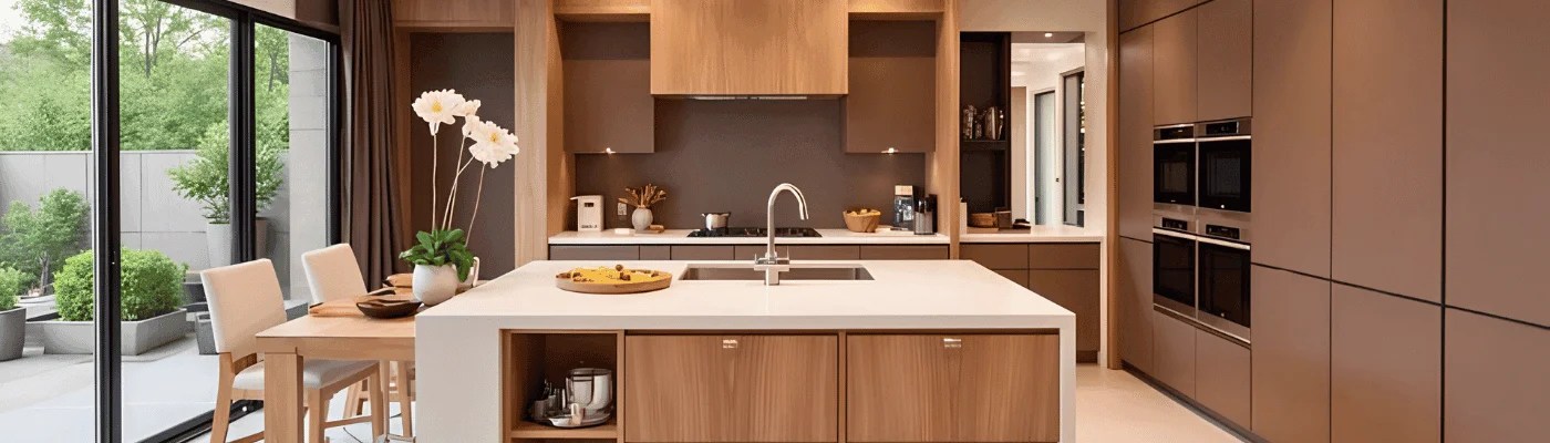 Luxury modular kitchen design with mocha lacquered island and natural light