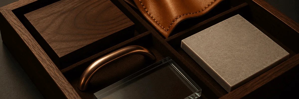 Material palette from premium modular furniture manufacturers — veneer and glass finish by HAEEV