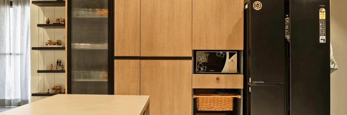 'Considered negative space and floating shelves in a luxury modular kitchen interior'