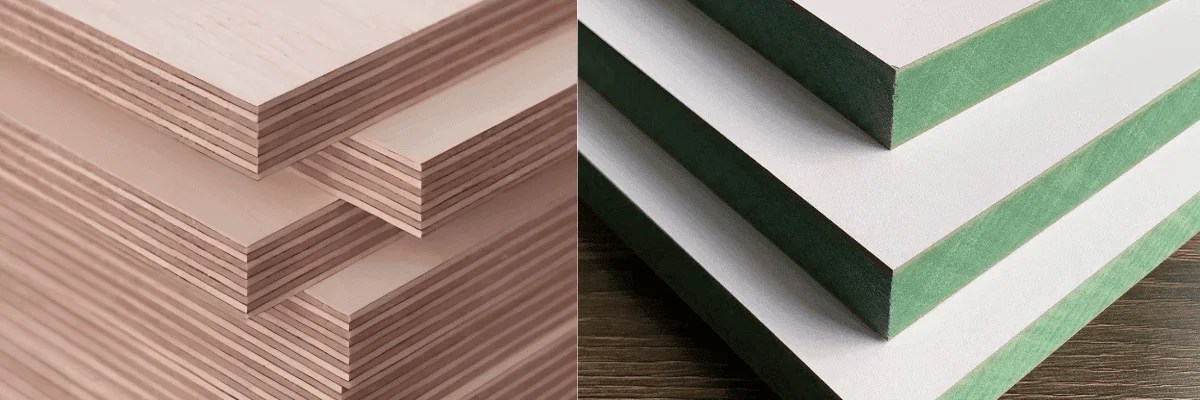 Close-up cross-section of BWP plywood and HDHMR board samples.