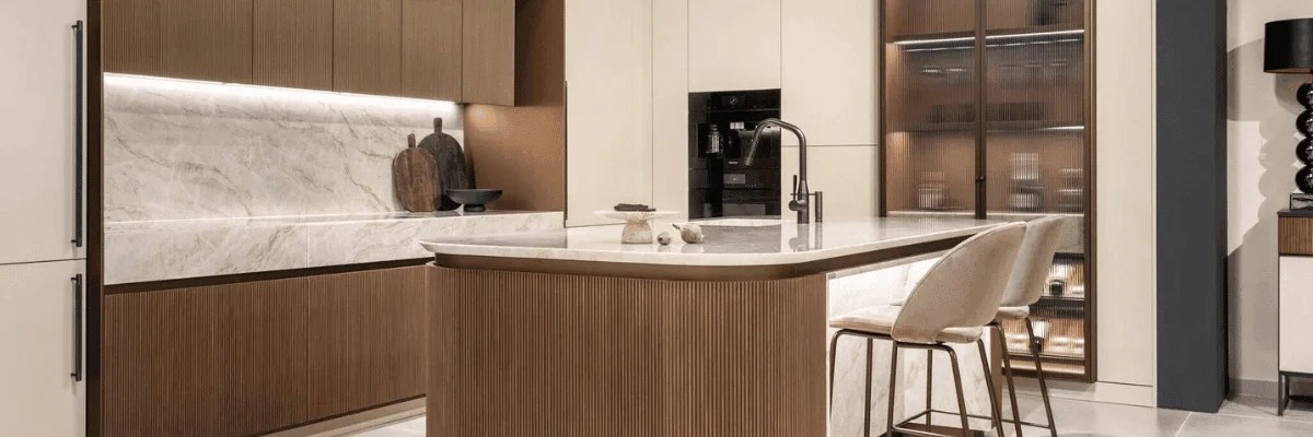 Completed luxury kitchen installation with waterproof cabinet finish.