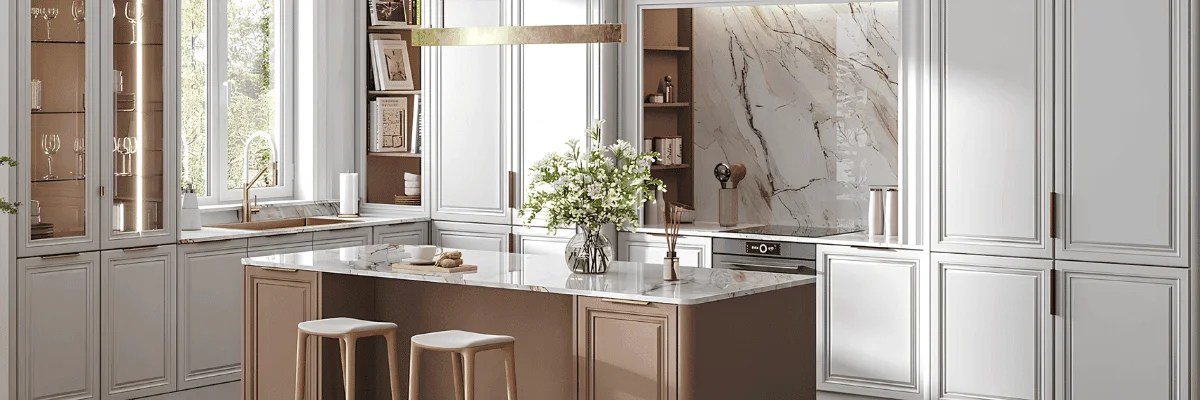 Completed luxury kitchen featuring an island-adapted work triangle
