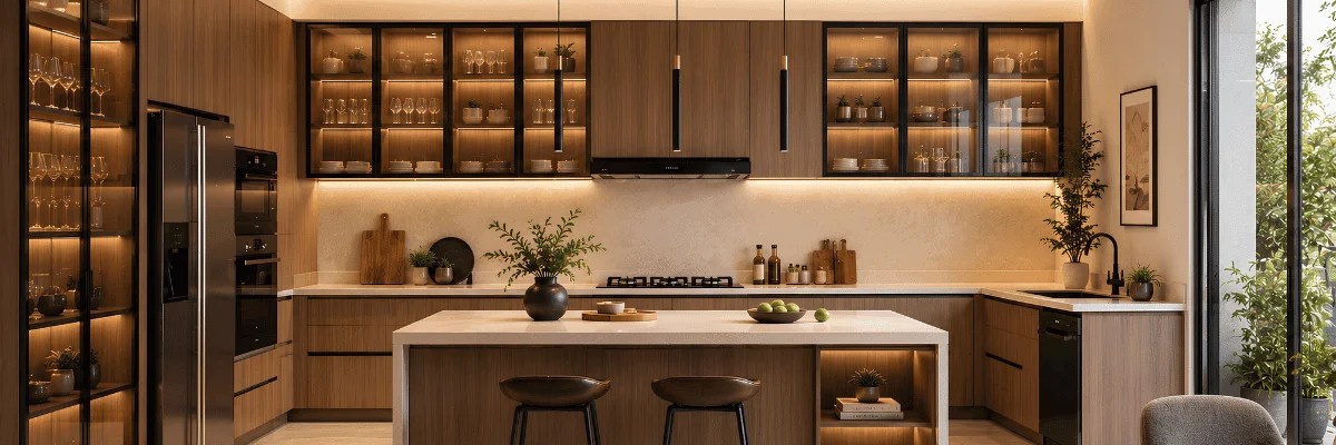 Completed luxury residence kitchen featuring glass cabinets with ambient lighting