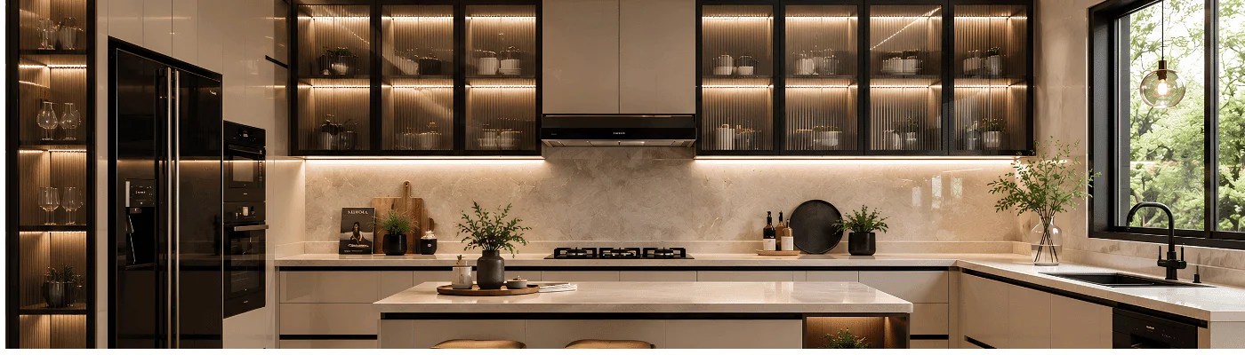 Luxury kitchen fluted glass cabinets and matte black aluminium profiles by HAEEV