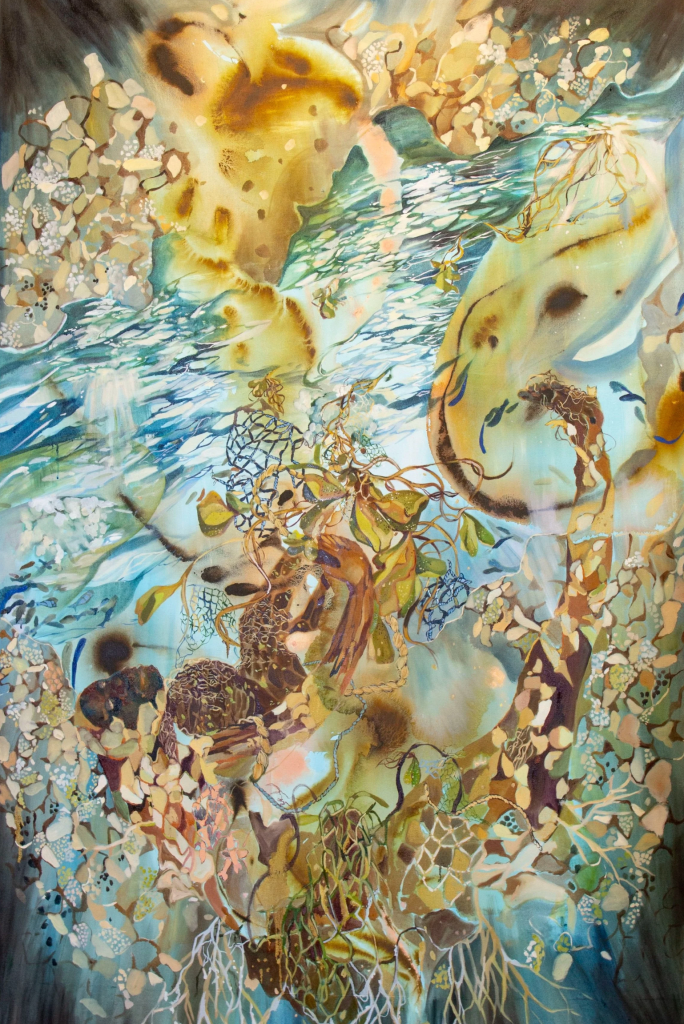 Dark water of renewal, 2024 Oil, dry pigments, and ink on canvas. 48” x 72”. Credit: Laurena Finéus