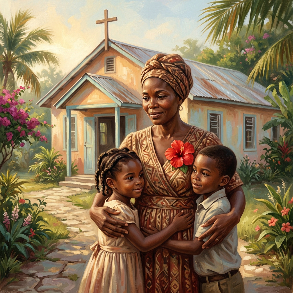 A Haitian mother and her children at a Mother's Day church service, a red hibiscus flower pinned to her dress