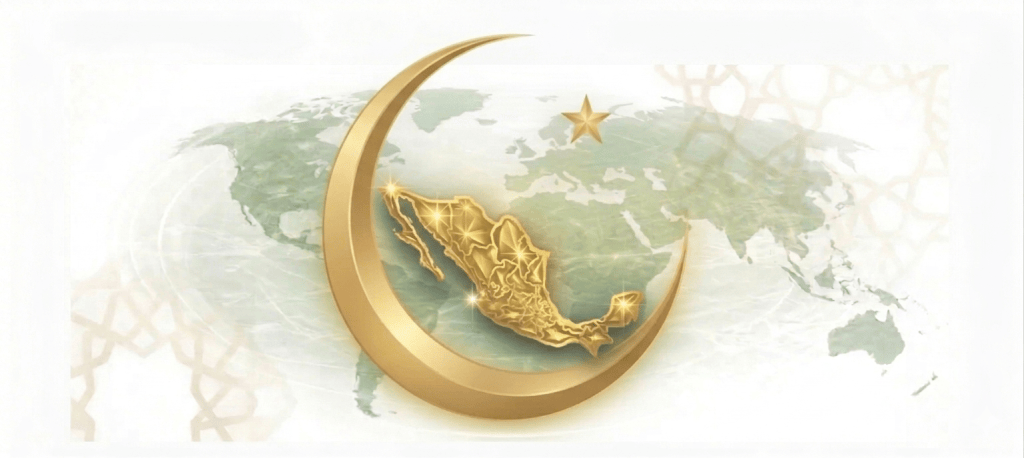 Imagen que representa un mapa del mundo con un contorno dorado de México y una luna creciente junto a una estrella, simbolizando la conexión entre la cultura islámica y la geografía de México.